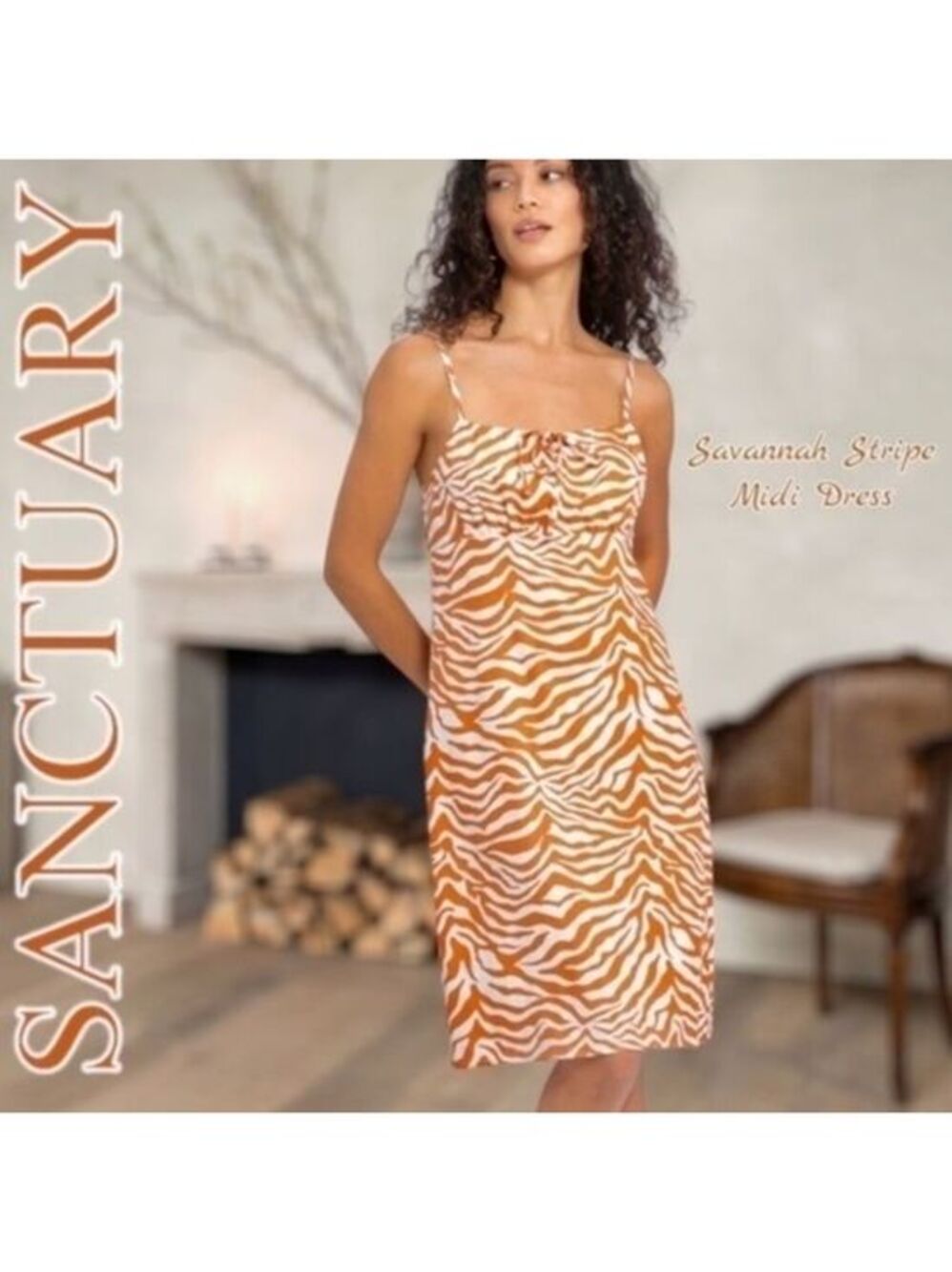 SANCTUARY Snapshot Empire Waist Square Neck w/Ties Animal Print Midi Dress NWT
